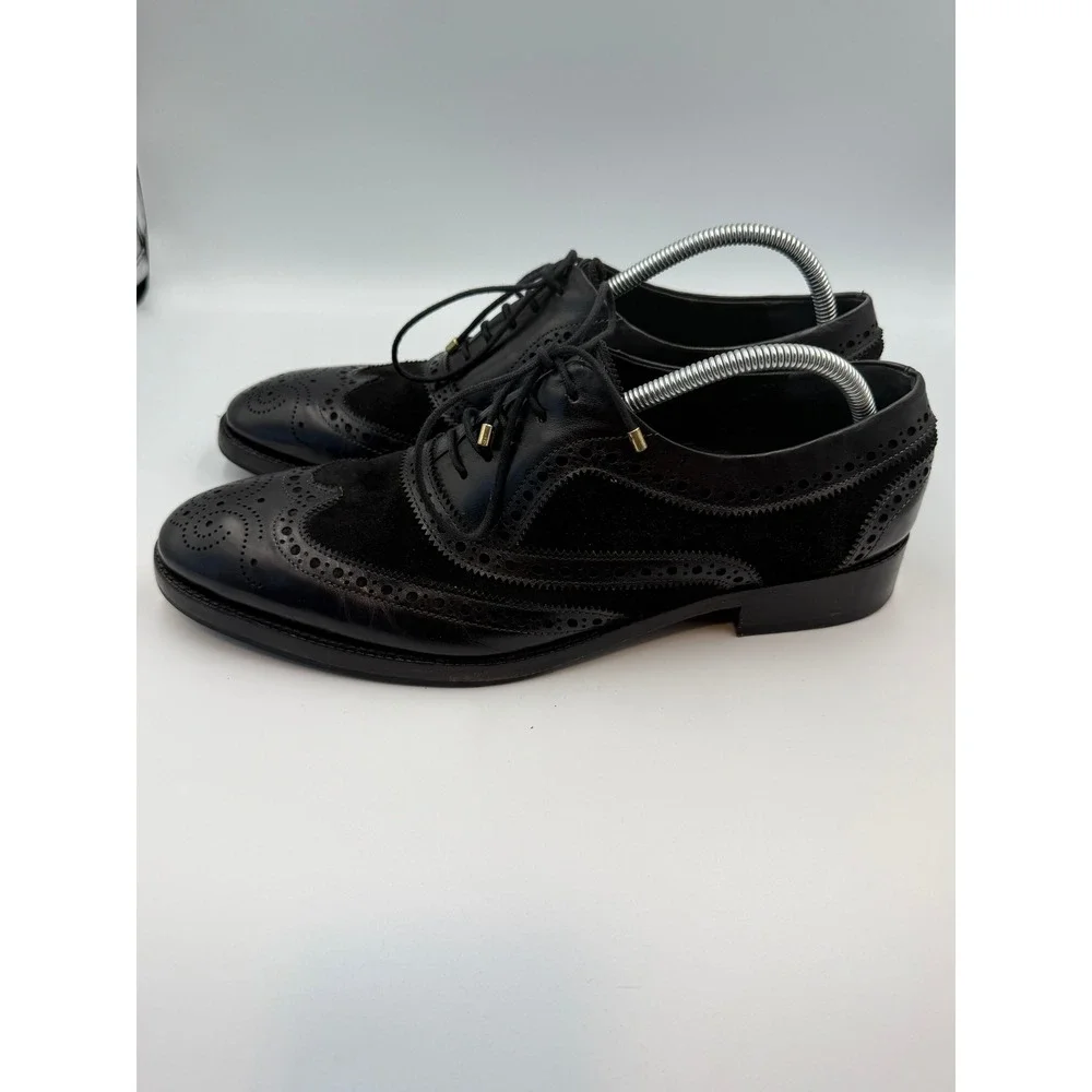 Lethato Men's Black Leather Suede Wingtip Brogue Oxford Dress Shoes Sz 9.5/10